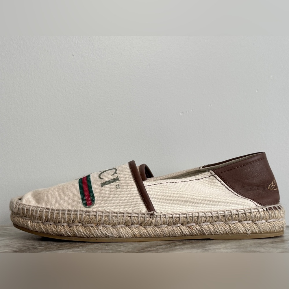 GUCCI Espadrilles Beige/ Cream Canvas With Web & Logo Leather Trim  7  / 7.5 US - Picture 4 of 13